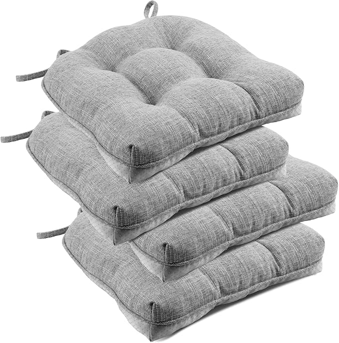 downluxe Indoor Chair Cushions for Dining Chairs, Tufted Overstuffed Textured Memory Foam Kitchen Chair Pads with Ties and Non-Slip Backing, 15.5" x 15.5" x 4", Light Grey, 4 Pack