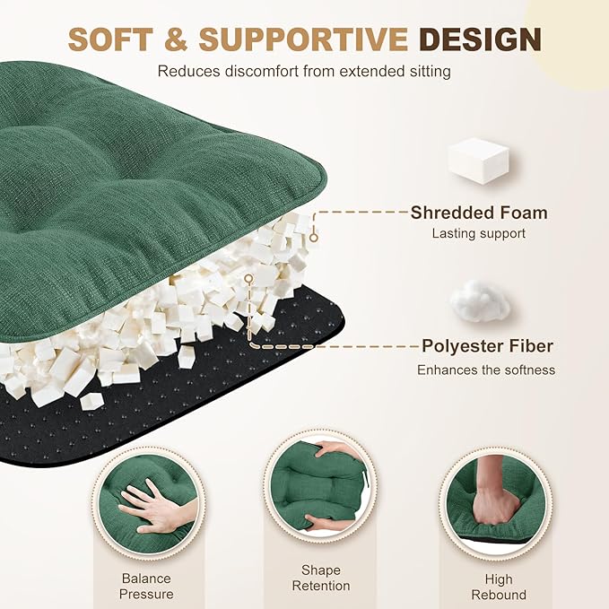 downluxe Indoor Chair Cushions for Dining Chairs, Tufted Overstuffed Textured Foam Kitchen Chair Pads with Ties and Non-Slip Backing, 15.5" x 15.5" x 4", Dark Green, 6 Pack