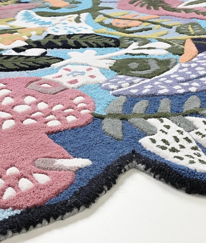 Handmade Irregular Floral Wool Area Rug Vibrant Multicoloured Garden Flower Design Soft Plush Durable Thick Carpet for Living Room Bedroom (Light Blue, 12 x 18 feet, Feet)