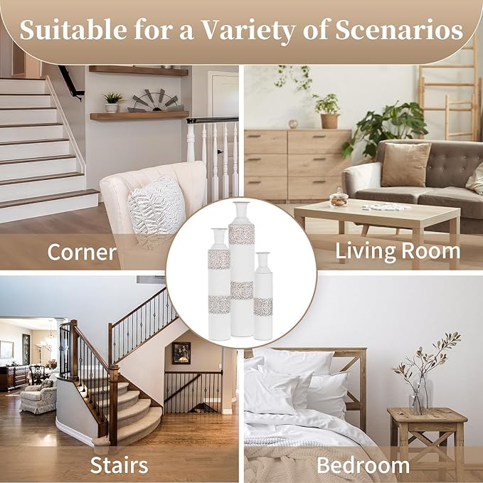 Sziqiqi Floor Vase Tall White Vases - Extra Large Metal Flower Vase Set of 3 Big Vases for Home Decor Living Room Decorative Vintage for Pampas Grass Feathers Twigs Branches Dried Flowers