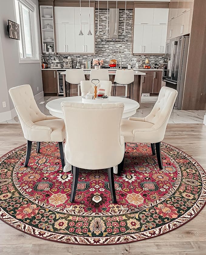 vivorug Round Rug 5ft Vintage Round Area Rug Non-Slip Indoor Carpet for Living Room Bedroom Entryway, Stain Resistant Home Decor Circle Rug, Cherry Red/Spice