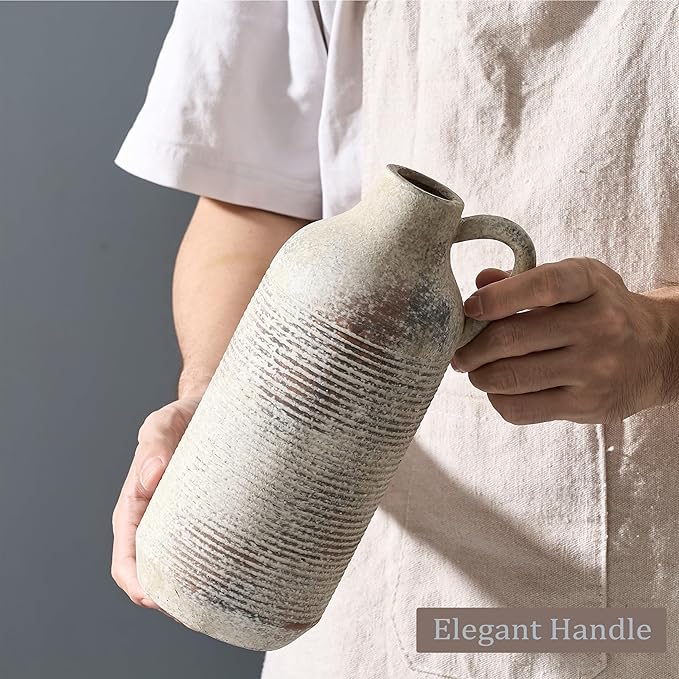 Ceramic Rustic Vase for Home Decor, Terracotta Vase with Handle, Handcrafted Vintage Decorative Flower Vase for Farmhouse, Living Room, Table, Fireplace, Nightstand - Natural Brown