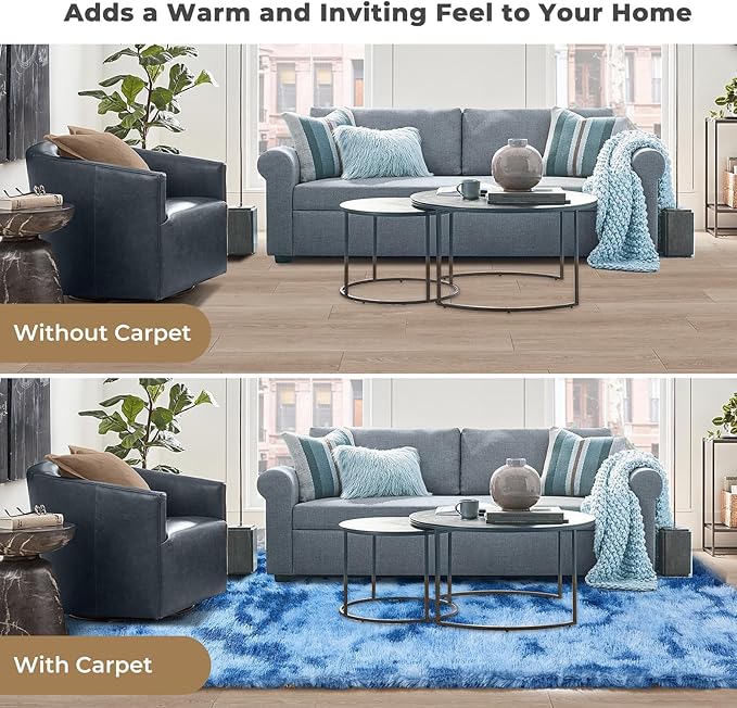 OPPODREAM Round Rugs 3ft for Play Room, Ultra Soft Circle Rug for Bedroom, 3 ft Fluffy Kids Carpet with 0.4" Thick Non-Slip Backing, Long Pile Shag Carpet, Fuzzy, Shaggy, Tie-dye Blue & Light Blue