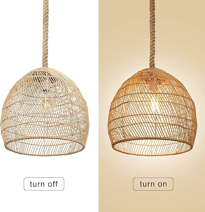 1 Light Rattan Chandelier Woven Pendant Light Fixture, Boho Coastal Wicker Hanging Ceiling Lighting for Kitchen, 15.74"W Large Lampshade for Living Room Bars Restaurants