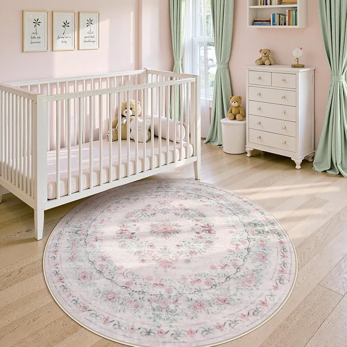 Wonnitar Pink Washable Round Rugs 6ft, Bow Round Area Rug for Bedroom, Ultra-Thin Non Slip Soft Boho Floral Circle Carpet for Teen Girl Room Kids Nursery Living Room Decor, Light Pink