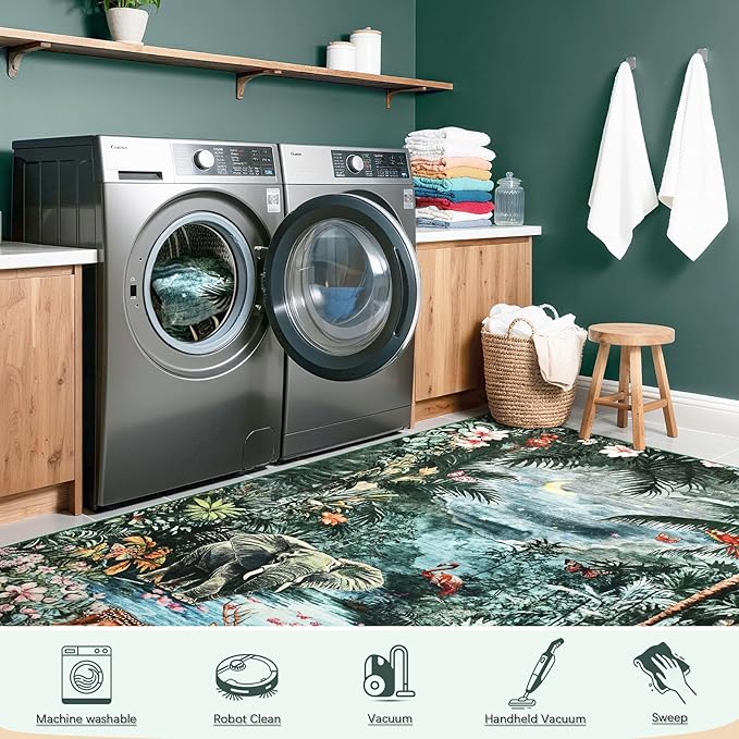 Amearea Jungle Print 6x9 Area Rug for Living Room, Washable Forest Animal Rugs for Bedroom, Low Pile Kids Nursery Room Rug, Leopard Rug Carpet for Boys Girls Playroom Dining Room Decor, Dark Green