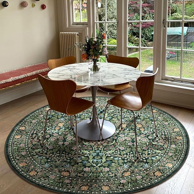 Green Round Rug 5ft - Soft Washable Boho Floral Round Bathroom Rug Non Slip 5x5 Stain Resistant Vintage Botanical Circle Area Rugs for Living Room Bedroom Entryway Dining Room Office Nursery