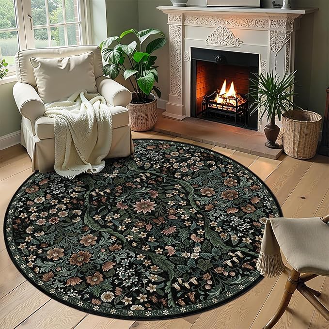 Round Rug 6ft Black Washable Floral Circle Rug,Vintage Boho Botanical Round Area Rugs, Non-Slip Soft Low-Pile Circular Carpet for Bedroom,Kids Room,College Dorm,Home Decor