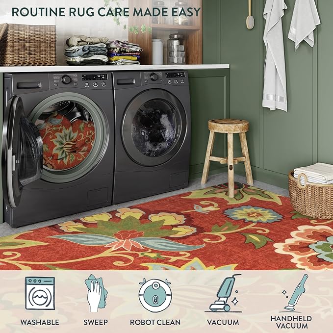Lahome Floral Washable Rugs 5x7, Carpets for Living Room Non-Slip Lightweight, Soft Bedroom Throw Paisley Print Low-Pile Large Christmas Area Rug for Dining Room, Kitchen, Entryway