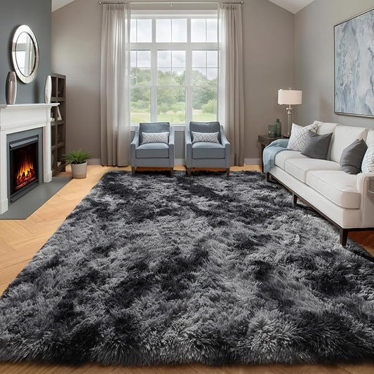 ONASAR Area Rugs for Bedroom Living Room, Washable Fluffy Tie-Dyed Dark Grey 4x6 Indoor Bedside Floor Throw Rug, Soft Plush Shaggy Carpet for Nursery Kids Girls Boys Teen Dorm Home Office Decor