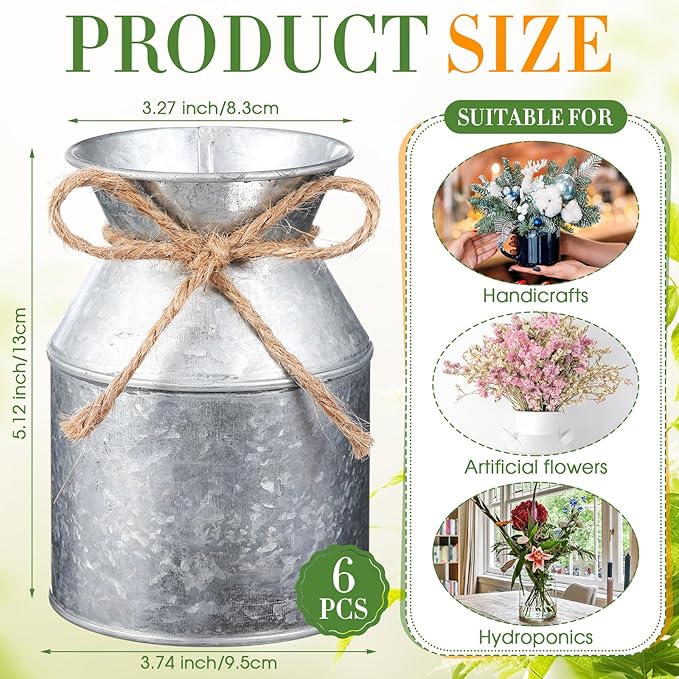 Domensi 5.12 Inch Farmhouse Metal Flower Vase Decor Rustic Galvanized Milk Can Jug Vase with Bow Flower Buckets for Table Centerpiece Fall Halloween Wedding Home Dinging Room Decor(Iron Color,6 Pcs)