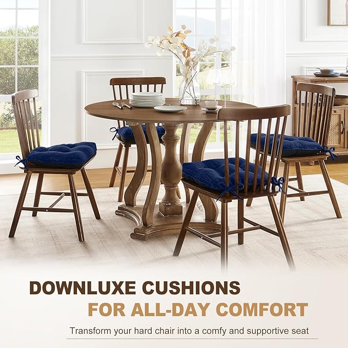 downluxe Indoor Chair Cushions for Dining Chairs, Tufted Overstuffed Textured Foam Kitchen Chair Pads with Ties and Non-Slip Backing, 15.5" x 15.5" x 4", Royal Blue, 4 Pack