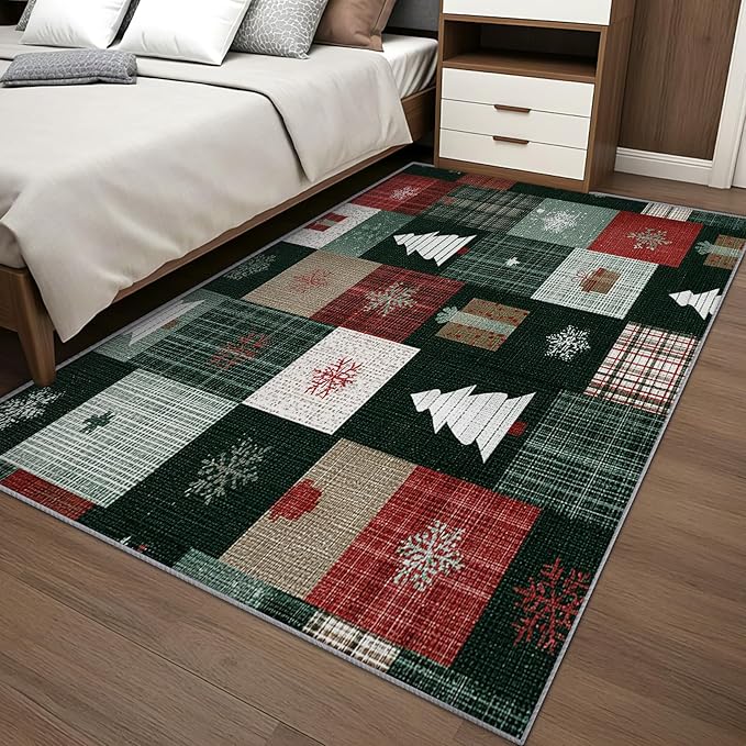 Christmas Area Rug, 6x8 Rug for Bedroom, Xmas Tree Snowflake Patchwork Plaid Washable Rugs for Living Room, Non Slip Soft Low Pile Stain Resistant Carpet, Christmas Room Decor