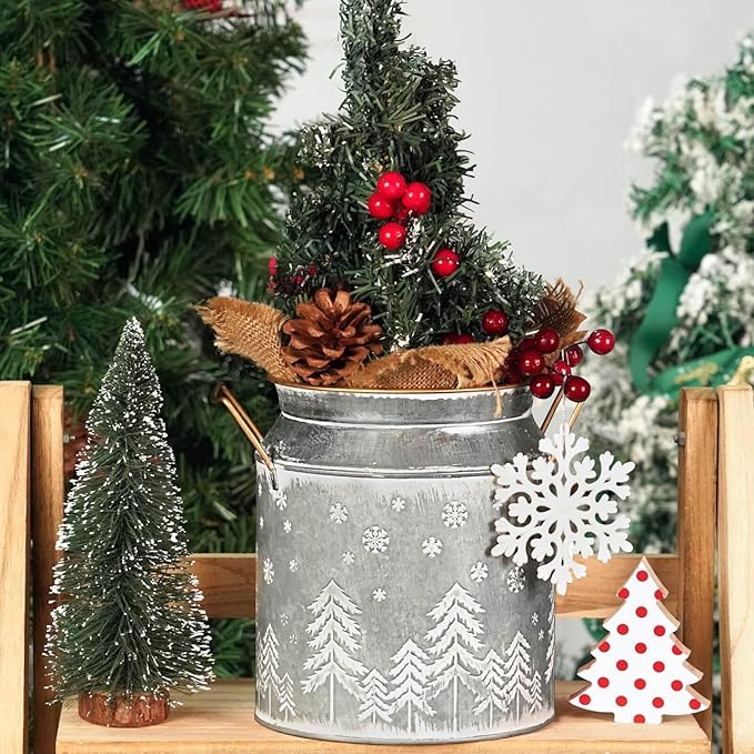 Putuo Decor Large Metal Milk Can with White Winter Forest Snowflake Design Rustic Farmhouse Holiday Vase with Gold Handles Vintage Christmas Décor for Festive Centerpieces Home Accents (Silver Grey)