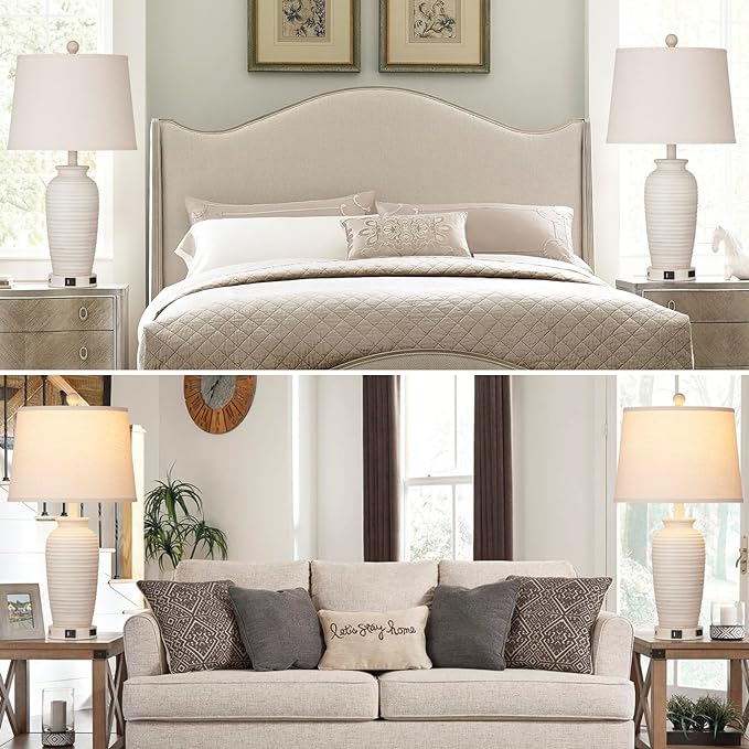 24.3" Farmhouse Jar Table Lamps Set of 2, 3 Way Touch Control Rustic Bedside Lamps with USB A+C Ports & AC Outlet, Pot Nightstand Lamps for Bedroom Living Room (LED Bulbs Included)