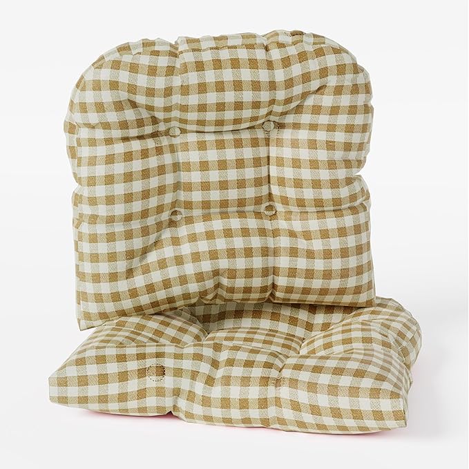 Klear Vu Gripper Overstuffed Universal Non-Slip Dining Chair Cushions for Kitchen Decor or Office Use, U-Shaped Skid-Proof Seat Pad, 15x15 Inches, 2 Count (Pack of 1), Gingham Natural