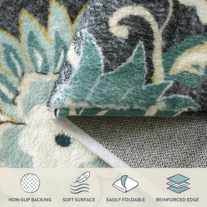 Lahome Floral 4Ft Round Rug - Washable Soft Boho Circle Rug for bedroom Non-Slip Throw Area Rug Round Kitchen Rugs, Blue Paisley Print Floor Round Rugs for Office Bathroom Entryway Nursery Living Room