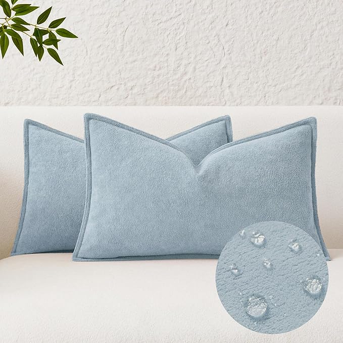 Kevin Textile Waterproof Decorative Pillow Covers Light Blue 12x20 Inch Pack of 2 Soft Boucle Textured Lumbars Cushions Elegant Accent Pillows for Couch Sofa Chair Bed Home Decor Indoor Outdoor