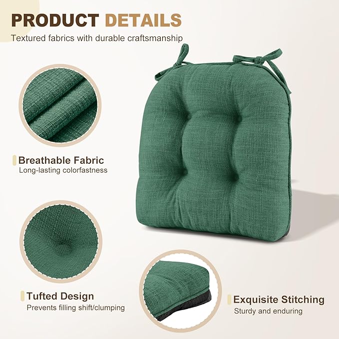 downluxe Indoor Chair Cushions for Dining Chairs, Tufted Overstuffed Textured Foam Kitchen Chair Pads with Ties and Non-Slip Backing, 15.5" x 15.5" x 4", Dark Green, 4 Pack