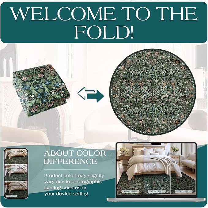 Green Round Rug 5ft - Soft Washable Boho Floral Round Bathroom Rug Non Slip 5x5 Stain Resistant Vintage Botanical Circle Area Rugs for Living Room Bedroom Entryway Dining Room Office Nursery