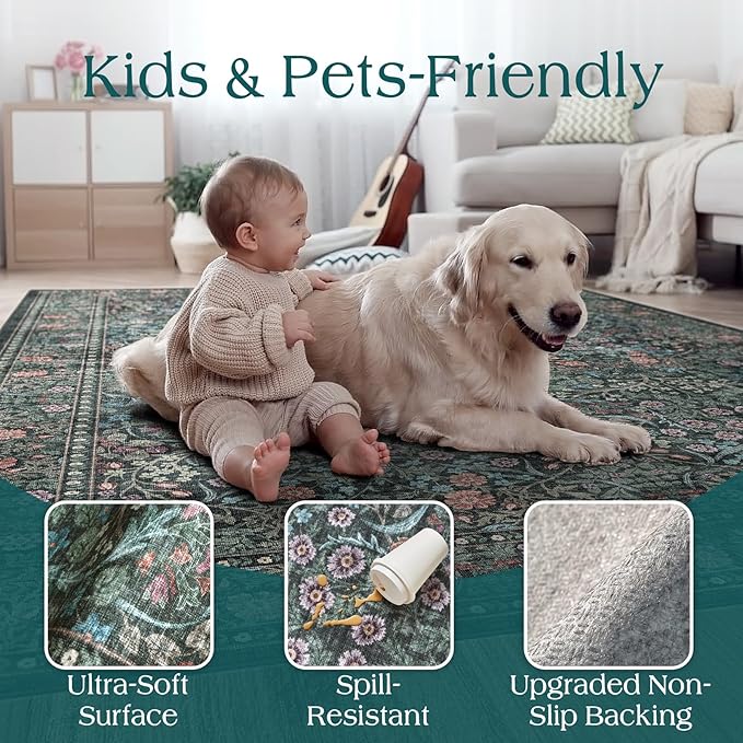 Boho Round Rugs 6ft - Soft Washable Black Green Floral Bedroom Circle Rug Stain Resistant Botanical Dining Room Rugs for Under Round Table Vintage Area Rug for Living Room Office Kid Room