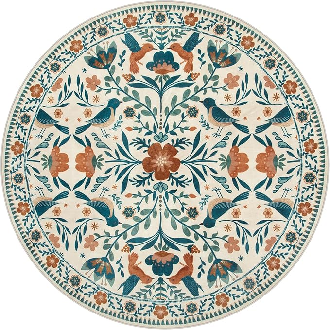 Moynesa Floral Bird Round Rug 6ft Washable Circle Rug Non Slip,Modern Bohemian Area Rugs for Bedroom Reading Coner,Farmhouse Living Dining Room Aesthetic Carpet Retro Home Decor