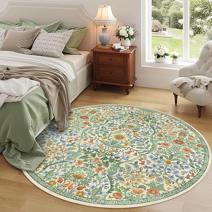 Round Rug 6ft Grass Green Washable Floral Circle Rug,Vintage Boho Botanical Round Area Rugs, Non-Slip Soft Low-Pile Circular Carpet for Bedroom,Kids Room,College Dorm,Home Decor
