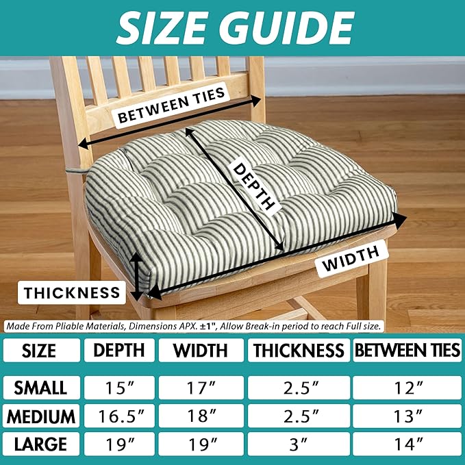 Barnett Home Decor Dining Chair Cushions with Ties – Size Small 15 x 17 - Latex Foam Fill, 100% Cotton, Machine Washable Chair Pads for Kitchen Chairs, Made in USA (Tibet Grey/Pack of 2)