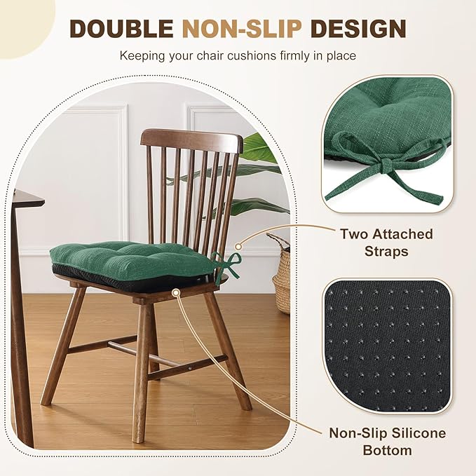 downluxe Indoor Chair Cushions for Dining Chairs, Tufted Overstuffed Textured Foam Kitchen Chair Pads with Ties and Non-Slip Backing, 15.5" x 15.5" x 4", Dark Green, 6 Pack