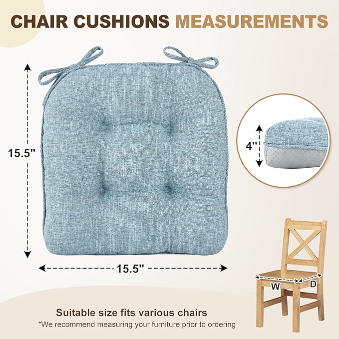 downluxe Indoor Chair Cushions for Dining Chairs, Tufted Overstuffed Textured Foam Kitchen Chair Pads with Ties and Non-Slip Backing, 15.5" x 15.5" x 4", Light Blue, 4 Pack