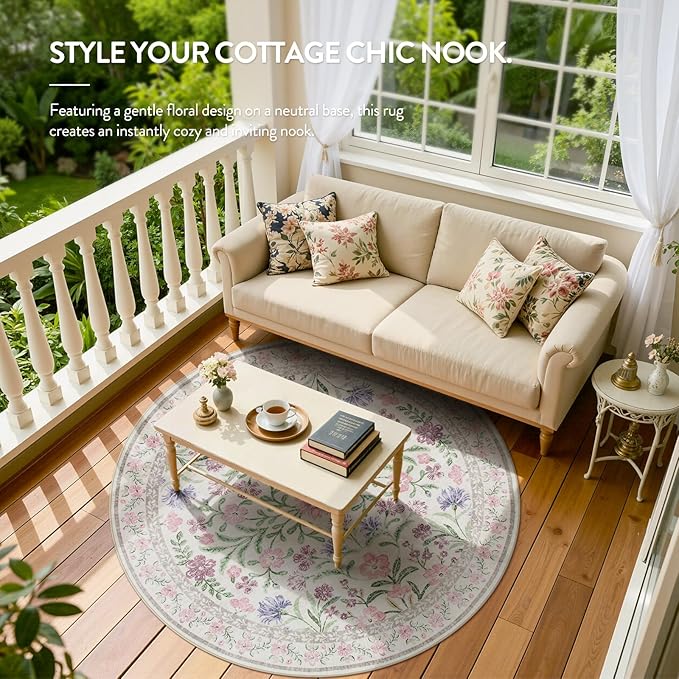 Lahome Purple 6 ft Circle Rug Washable, Floral Accent Round Rug for Girls Bedroom Decor, Non-Slip Accent Circular Carpet for Nursery Calm Corner Seating Area