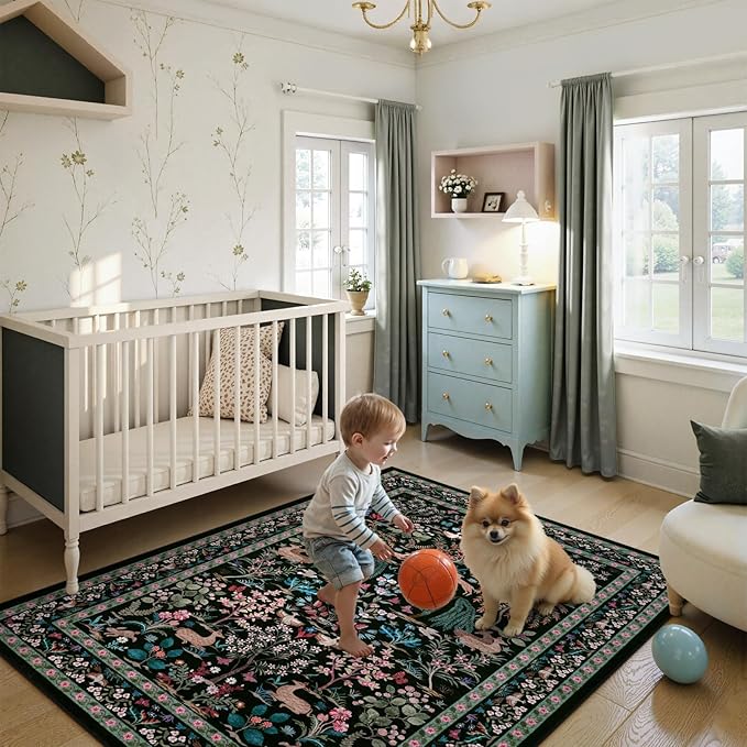 OJIA Living Room Rug 5x7 Area Rugs for Bedroom, Soft Black Washable Rugs Floral Animal Print Ultra-Thin Non-Slip Carpet Non-Shedding Indoor Boho Carpet Kids Rugs for Playroom Nursery Farmhouse