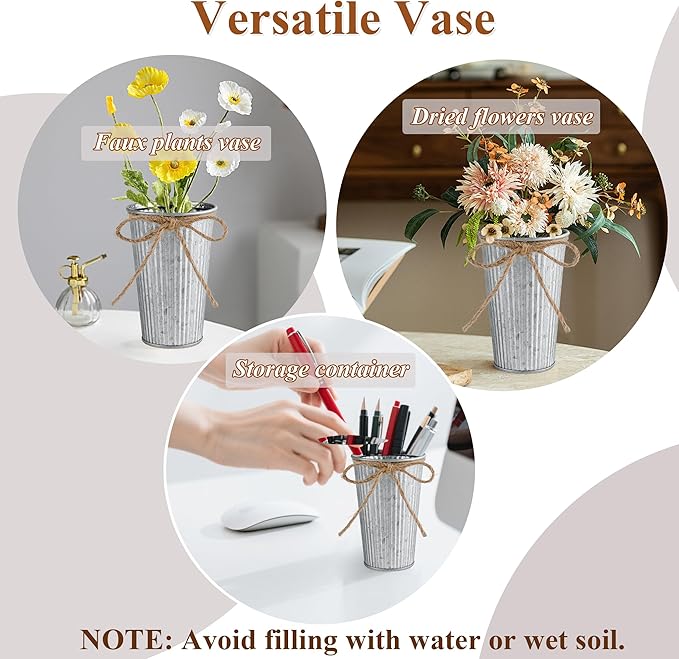 24Pcs Small Galvanized Metal Vases for Centerpieces, Flower Buckets with Twine Bow, 4 Inch Artificial Floral Vase in Bulk Rustic Home Decor, Silver