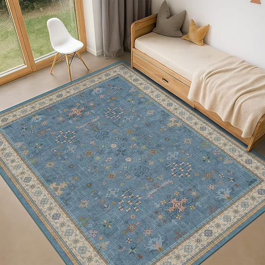Washable 5x7 Blue Rugs for Kids Room, Boho 5 x 7 Nursery Rug Boys, Colorful Eclectic Low-Pile Carpet for Bedroom, Dining Table, Non-Slip with Rubber Back