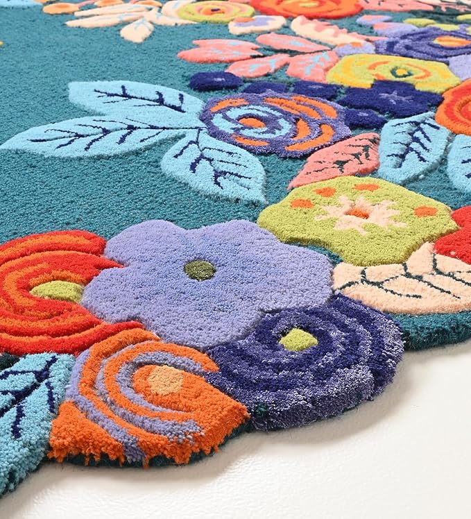 Handmade Irregular Floral Wool Area Rug Vibrant Multicoloured Garden Flower Design Soft Plush Durable Thick Carpet for Living Room Bedroom (Teal, 5 x 8 feet, Feet)