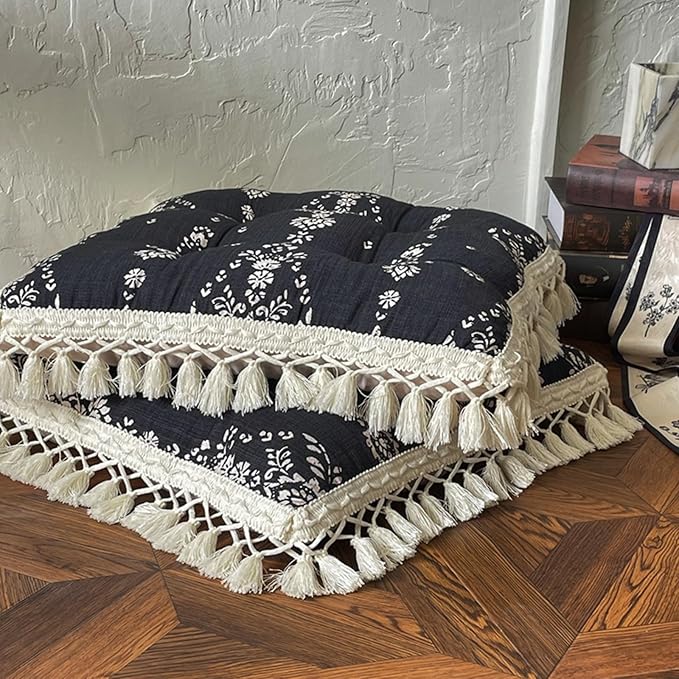 Set of 2 Floral Printed Chair Pads with Tassels Cotton Linen Square Chair Cushions 17x17x3 Inch Seat Cushion for Living Room Kitchen and Officewooden Chair (Black,17"x17")