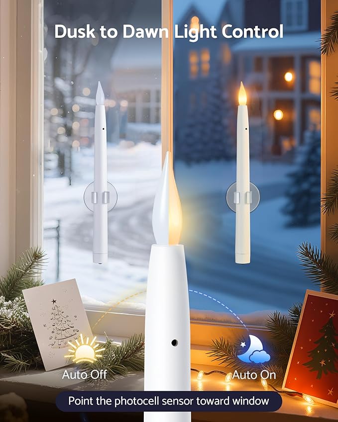 10.5" Window Candles Battery Operated with Suction Cups, Dusk to Dawn LED Flickering Candle Lights for Window, Flameless Taper Candlesticks for Christmas Holiday Decor, 6 Pack, White
