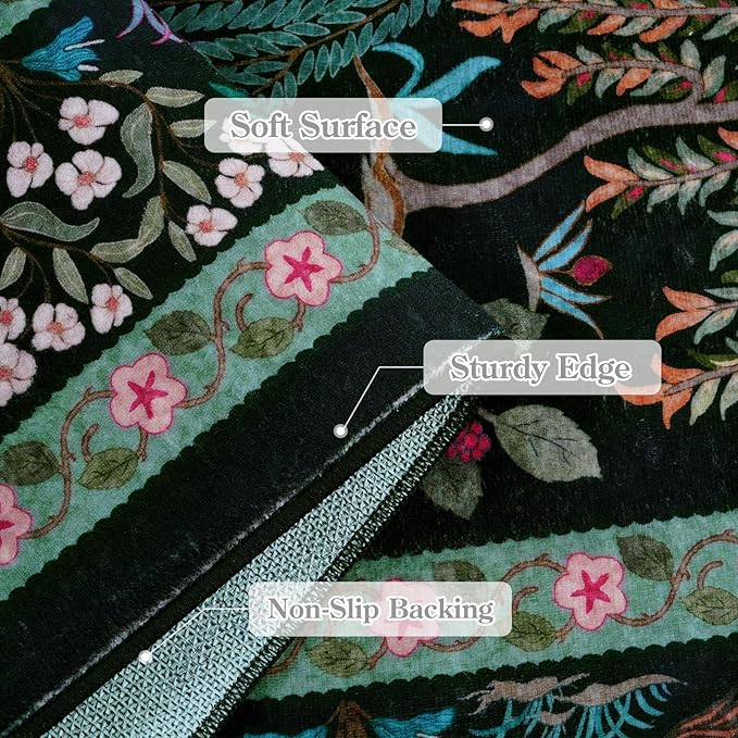 OJIA Living Room Rug 5x7 Area Rugs for Bedroom, Soft Black Washable Rugs Floral Animal Print Ultra-Thin Non-Slip Carpet Non-Shedding Indoor Boho Carpet Kids Rugs for Playroom Nursery Farmhouse