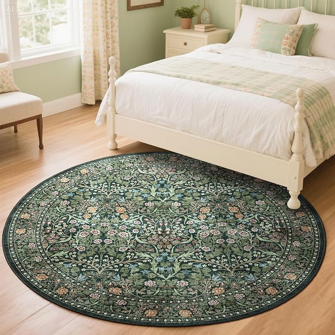 Green Round Rug 4ft - Soft Washable Boho Floral Round Bathroom Rug Non Slip Stain Resistant Vintage Botanical Circle Area Rugs for Living Room Bedroom Entryway Dining Room Office Nursery