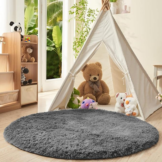 OPPODREAM 4ft Grey Circle Rug for Bedroom, Ultra-Soft Round Rugs 4-ft for Living Room, Fluffy Carpet for Nursery, Kids, Girl, Boy, Baby, Plush, Fuzzy, Shag, Shaggy, Cute Home Decor