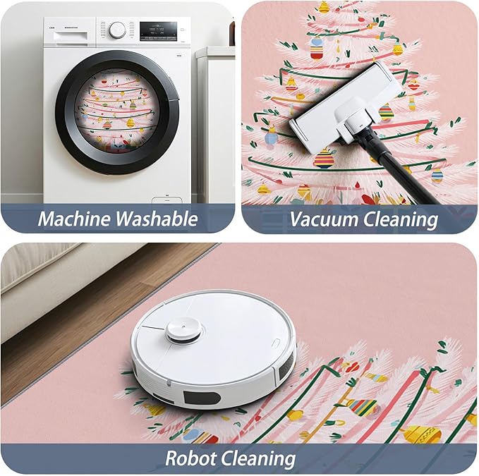 Christmas Tree Area Rug, 7x9 Rug for Bedroom, Girls Pink Christmas Holiday Washable Rugs for Living Room, Non Slip Soft Low Pile Stain Resistant Carpet, Kids Xmas Room Decor