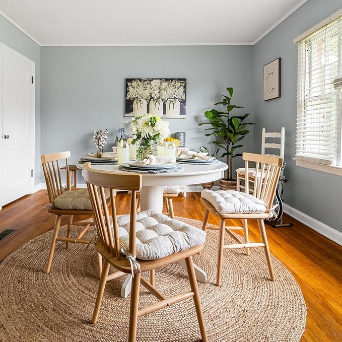 Barnett Home Decor Chair Cushions for Dining Chairs - 16.5x18 Kitchen Chair Cushions - Machine Washable, 100% Cotton, Made in USA - Latex Foam Chair Pads - Madrid Natural Gingham Medium Pack of 4