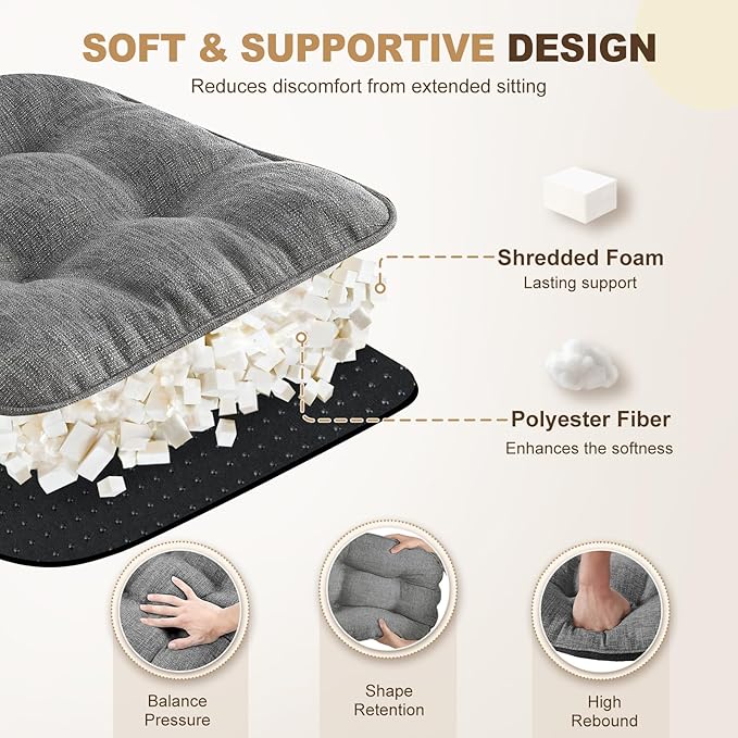 downluxe Indoor Chair Cushions for Dining Chairs, Tufted Overstuffed Textured Foam Kitchen Chair Pads with Ties and Non-Slip Backing, 15.5" x 15.5" x 4", Dark Grey, 4 Pack