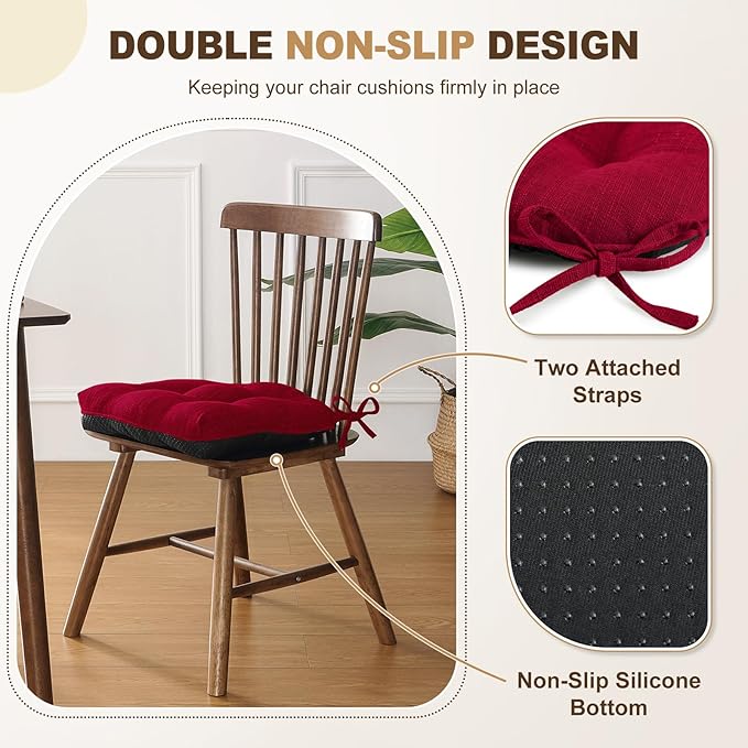 downluxe Indoor Chair Cushions for Dining Chairs, Tufted Overstuffed Textured Foam Kitchen Chair Pads with Ties and Non-Slip Backing, 15.5" x 15.5" x 4", Red, 6 Pack