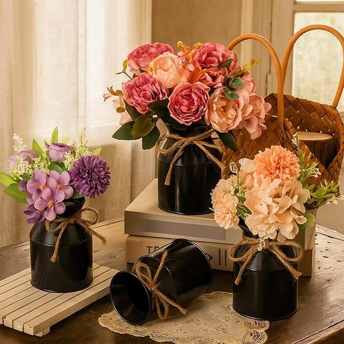 Domensi 5.12 Inch Farmhouse Metal Flower Vase Decor Rustic Galvanized Milk Can Jug Vase with Bow Flower Buckets for Table Centerpiece Fall Halloween Wedding Home Dinging Room Decor(Black,12 Pcs)