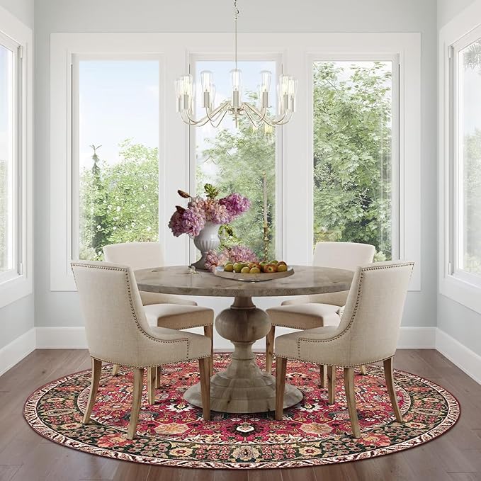 vivorug Round Rug 5ft Vintage Round Area Rug Non-Slip Indoor Carpet for Living Room Bedroom Entryway, Stain Resistant Home Decor Circle Rug, Cherry Red/Spice