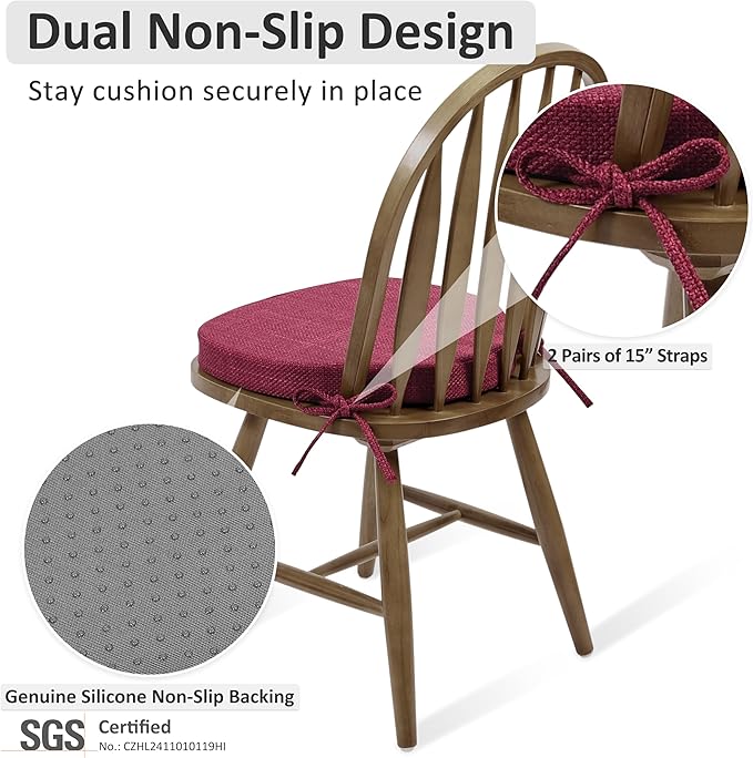 Shinnwa Dining Chair Cushions Set of 6, High-Resilience Foam Windsor Seat Pads, Kitchen Chair Cushions with Ties & Textured Cover, 6 Pack, 16.5 x 15.5 x 2, Dark Red