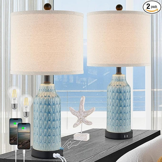 Ceramic Table Lamps for Bedroom Set of 2,Touch Lamp with USB Ports for Nightstand, 3-Way Dimmable Blue Coastal Bedside Lamps for Bedroom Living Room End Table Side Table(Bulbs Included)