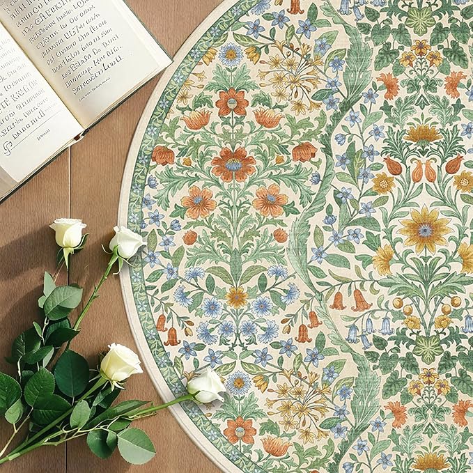 Round Rug 6ft Grass Green Washable Floral Circle Rug,Vintage Boho Botanical Round Area Rugs, Non-Slip Soft Low-Pile Circular Carpet for Bedroom,Kids Room,College Dorm,Home Decor