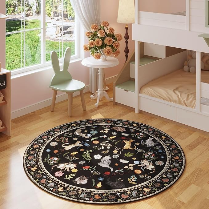 Rugcomf Round Rug 6ft Washable Circle Rug Non Slip Low Pile Boho Floral Animal Cat Small Circular Rug for Bedroom Bathroom Entryway Kids Room Office College Dorm, Black